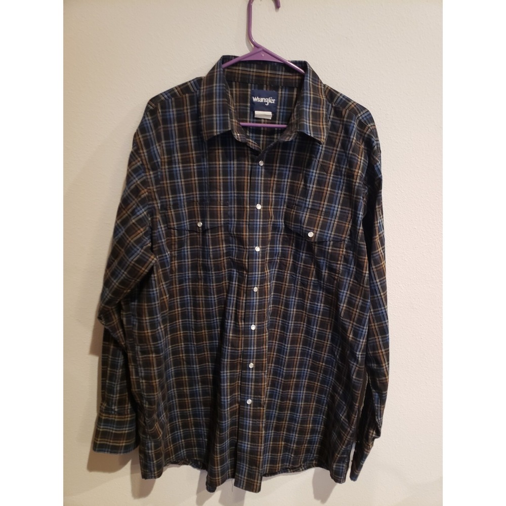 Wrangler Pearl Snap long sleeve Western shirt: Blue plaid Men's 2XL Cowboy Rodeo